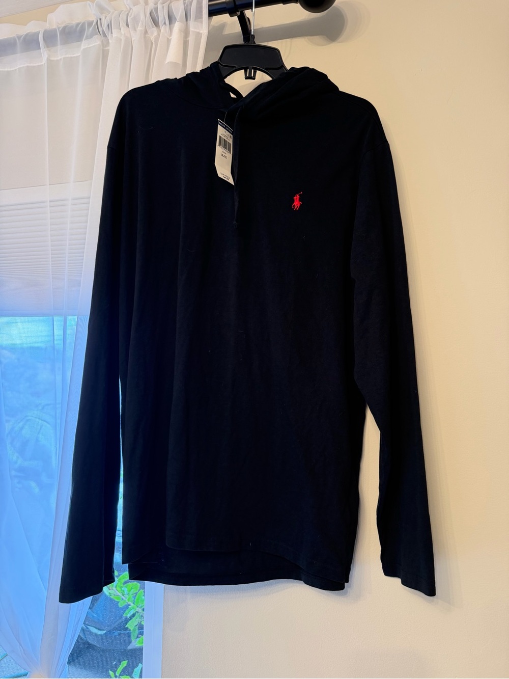 Ralph Lauren Black Hooded Long-Sleeve Shirt with Red Polo Logo
